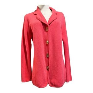 Vintage ESCADA Margaretha Ley Coral Pink Wool Jacket Gold Sculpture Buttons SZ:L